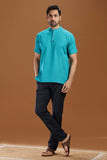 BLUE LINEN COTTON HALF SLEEVES SHORT KURTA