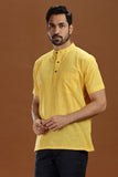 YELLOW DOBBY COTTON SHORT KURTA HALF SLEEVES