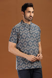 BLACK PRINTED COTTON SHORT KURTA HALF SLEEVES