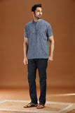 BLUE PRINTED COTTON SHORT KURTA HALF SLEEVES