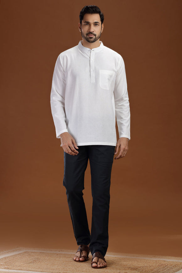 White handloom cotton short kurta for men, traditional wear, breathable fabric