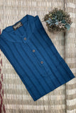 TURQUOISE SELF STRIPES COTTON SHORT KURTA HALF SLEEVES