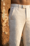 100% cotton handspun handwoven trousers with unique handmade texture.Authentic handwoven cotton trousers showcasing natural handmade texture
