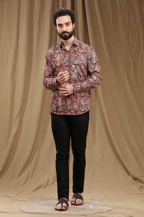 Exquisite Hand Block Print Kalamkari Cotton Shirt with Full Sleeves - Traditional Art Meets Modern Style