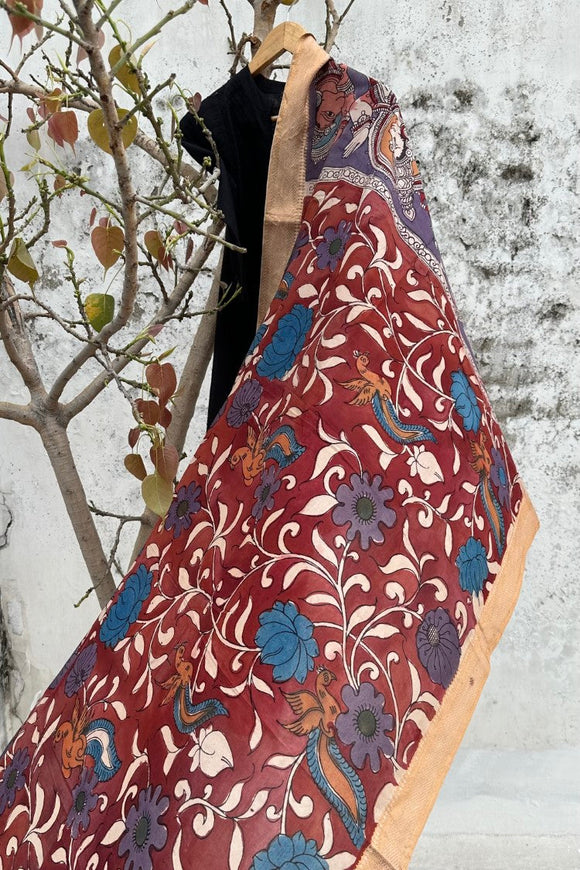 Srikalahasti Pen Work Kalamkari Chanderi Silk Handpainted Zari Border Dupatta with Tassels