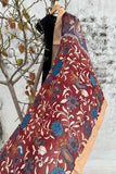 Srikalahasti Pen Work Kalamkari Chanderi Silk Handpainted Zari Border Dupatta with Tassels