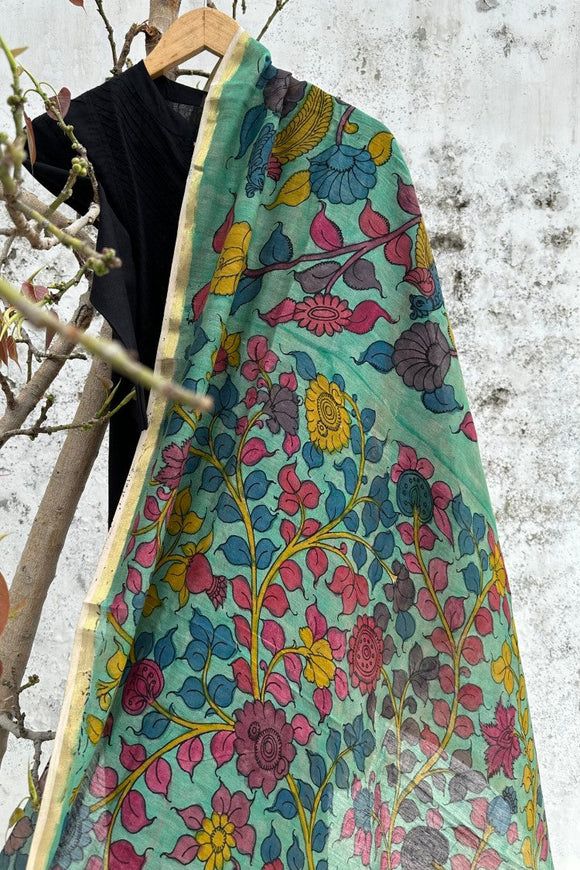 Srikalahasti Pen Work Kalamkari Chanderi Silk Handpainted Zari Border Dupatta with Tassels