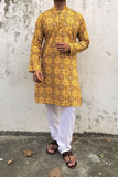 COTTON YELLOW AJRAK KANTHA LONG KURTA