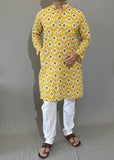 COTTON YELLOW HANDBLOCK LONG KURTA