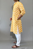 COTTON YELLOW HANDBLOCK LONG KURTA