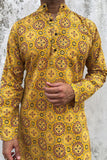 COTTON YELLOW AJRAK KANTHA LONG KURTA