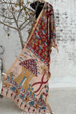 Srikalahasti Pen Work Kalamkari Chanderi Silk Handpainted Zari Border Dupatta with Tassels