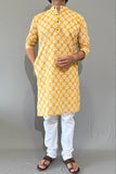 COTTON YELLOW HANDBLOCK LONG KURTA