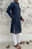 BLUE HANDWOVEN COTTON LONG KURTA