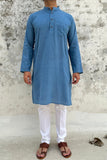 SKY BLUE COTTON KANTHA LONG KURTA