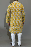 COTTON YELLOW HANDBLOCK LONG KURTA