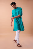 TURQUOISE COTTON DOBBY LONG KURTA