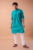 TURQUOISE COTTON DOBBY LONG KURTA